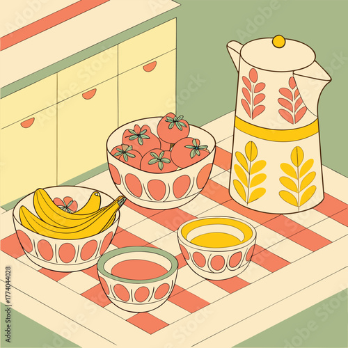 Retro Kitchen Still Life With Fruit And Coffee Pot