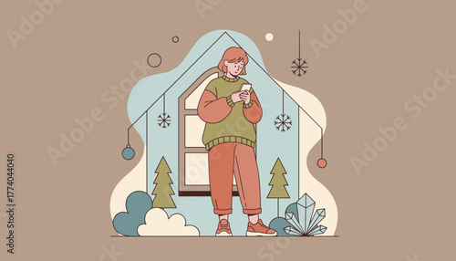Woman uses smartphone in front of a cozy Aframe cabin winter holiday communication illustration