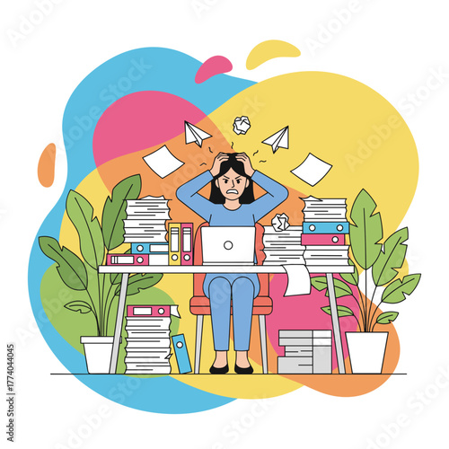Overworked woman panics due to excessive workload and tight deadlines at the office