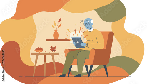 Elderly man stressed by technology Digital literacy challenge and frustration illustration