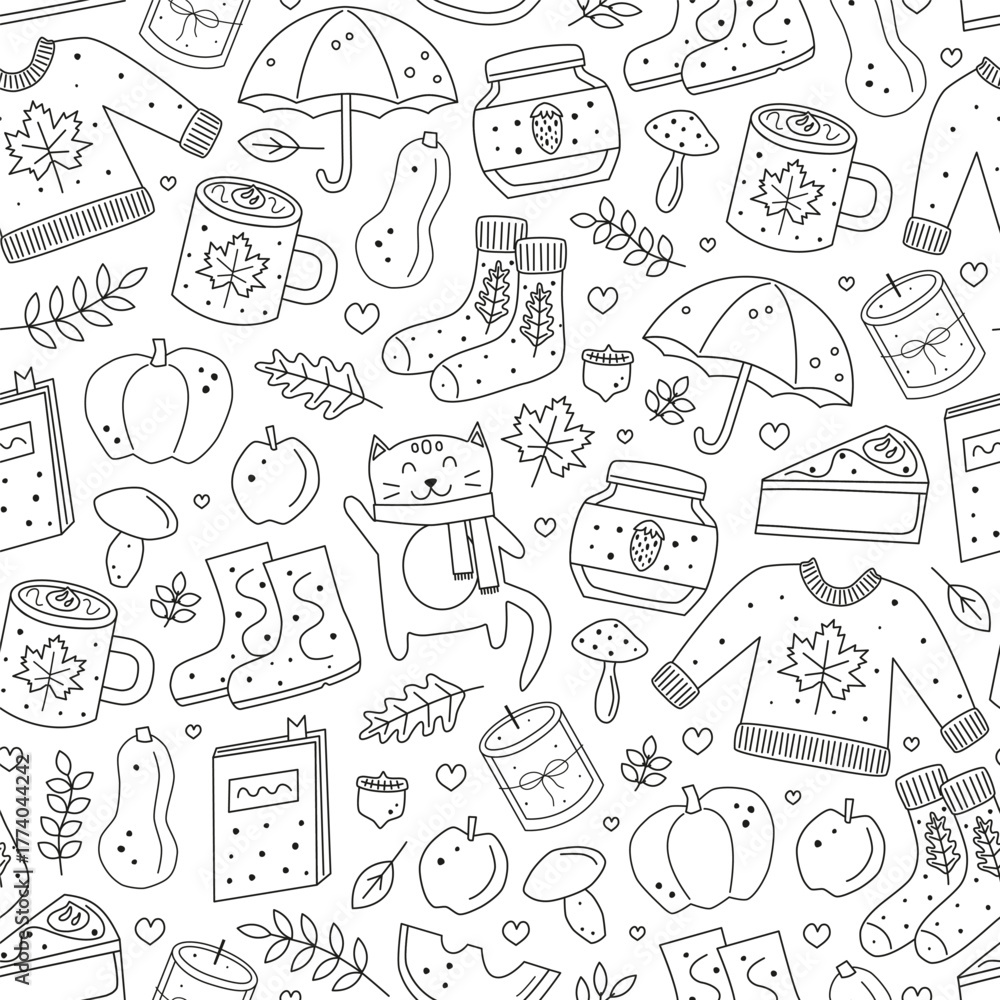 Obraz premium Seamless pattern with cute hand drawn outline autumn icons. Pumpkin pie, cat, umbrella, cocoa drink, mushrooms, warm sweater, socks, book, pumpkin, apple and butternut, rubber boots, etc.