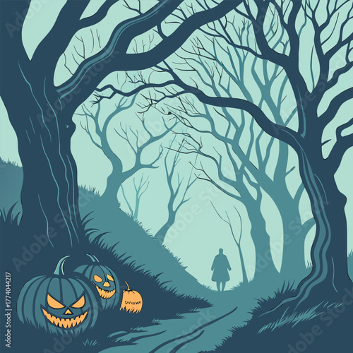 Spooky Halloween forest path with carved pumpkins and a lone figure