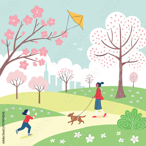 Spring park scene with people flying a kite and walking a dog