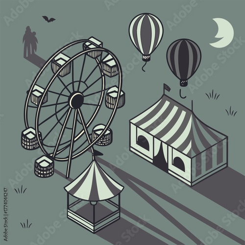 Spooky isometric amusement park at night with moon and bat