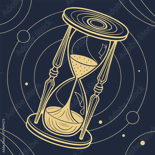 Stylized hourglass with celestial background time sand