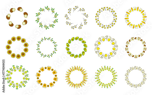 Set of cute round frames with doodle sunflower, canola flowers, olive twigs, coconut and oil in bottles isolated on white background.
