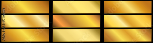 Vector set of gold gradients. Collection of golden squares. golden metal palette.