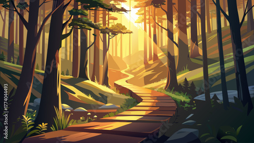 Very beautiful morning light shining through forest trees along hiking trails and deep ravines at Shades State Park, Indiana, USA, creating a peaceful natural landscape with golden tones.