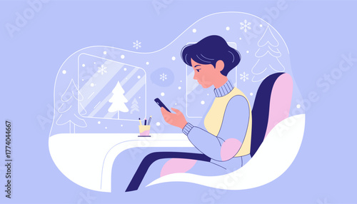 Woman using smartphone indoors during winter Cozy lifestyle communication and digital connectivity