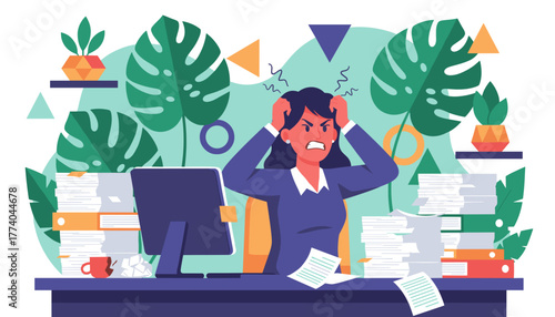 Overwhelmed businesswoman stressed by massive workload and deadlines at her office desk