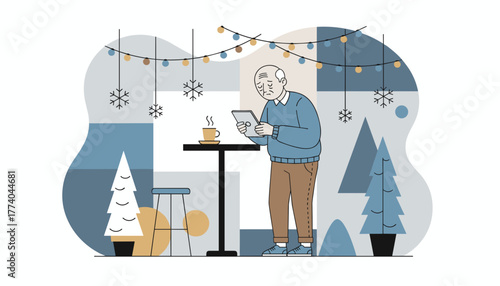 Senior man using tablet in winter cafe Holiday technology loneliness and aging illustration
