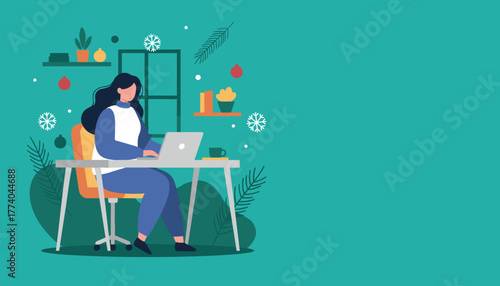 Woman works on laptop at home office decorated for winter holidays