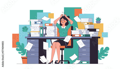 Burnout concept Stressed office worker buried under heavy paperwork and chaos at the desk