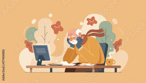 Sick senior man sitting at desk resting his head surrounded by unhappy virus shapes