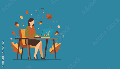 Professional woman analyzing financial data on a laptop surrounded by autumn leaves Fall business growth