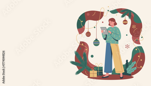 Woman using tablet for online Christmas shopping surrounded by festive gifts and decor