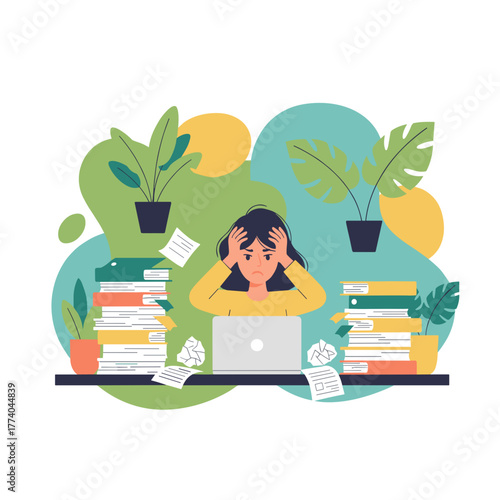 Stressed woman overwhelmed by work pressure huge piles of documents and deadlines