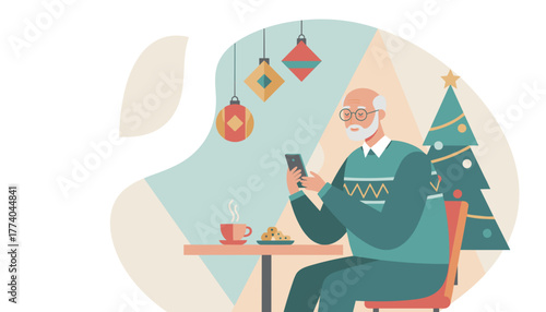 Elder man checking phone enjoying coffee  cookies during the Christmas season