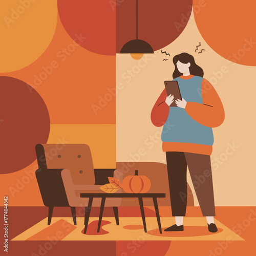 Woman frustrated by bad signal on smartphone in cozy autumn living room illustration