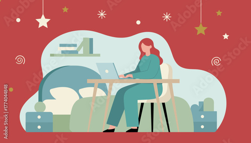 Freelancer working on a laptop in a cozy home office setting Flat design illustration