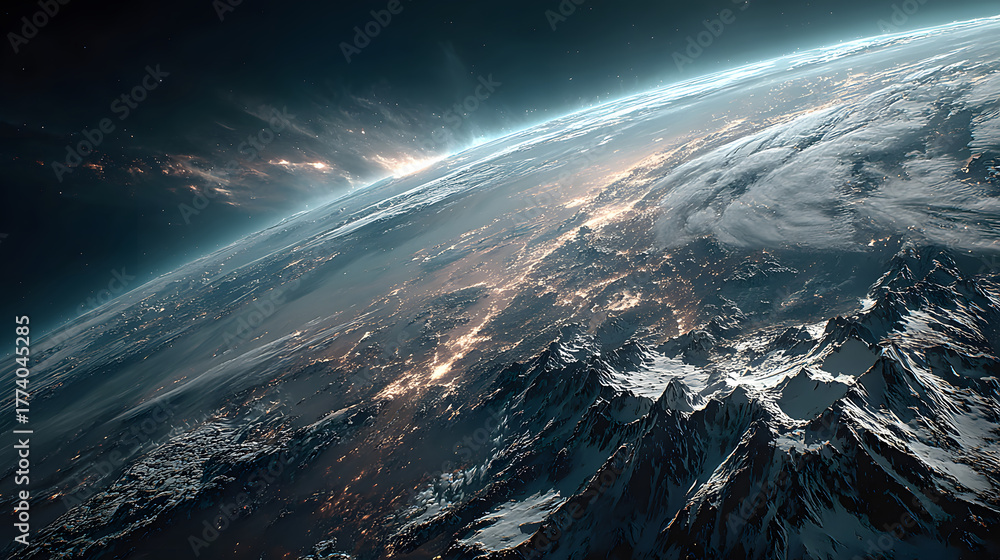 Fototapeta premium A futuristic satellite collecting climate data from Earth with glowing interface overlays.