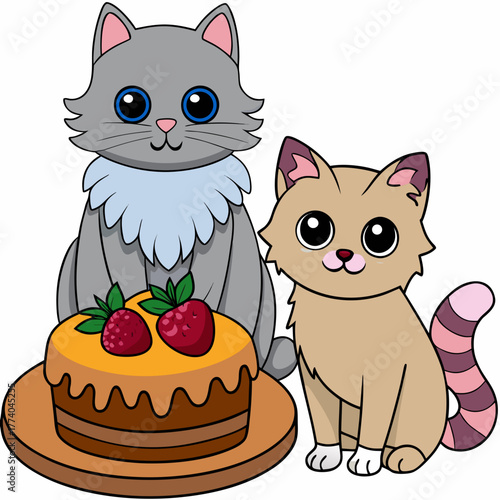 A fluffy cat on top of a table beside a sweet cake another kitten sitting below looking with wonder on white background