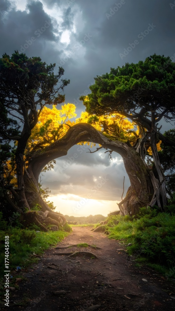Obraz premium Twisted trees forming arch on path to magical golden light