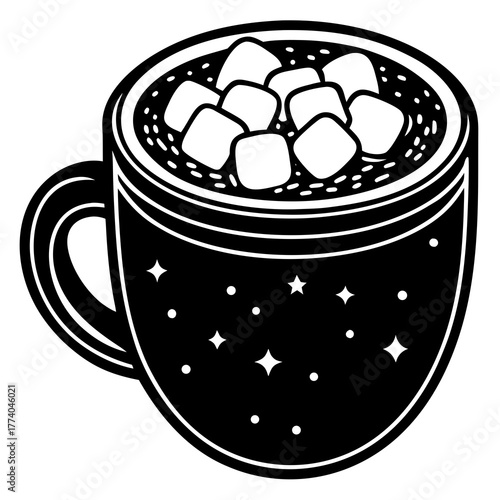 Black and white line art illustration of a hot chocolate mug with marshmallows