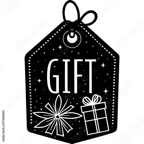 Festive gift tag illustration with presents and stars, black and white design