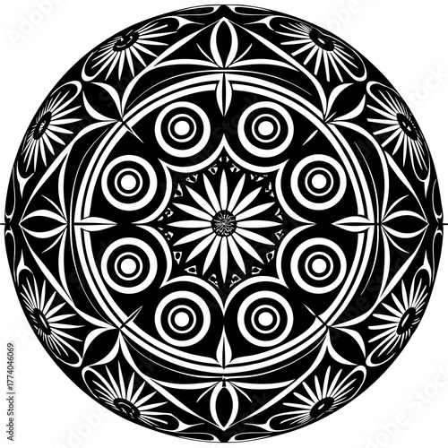 Intricate black and white geometric mandala pattern with radial symmetry