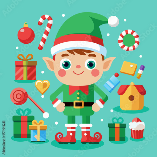 Cute christmas elf character illustration with festive gifts and candy canes