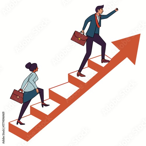 Business people climbing stairs in the shape of an arrow