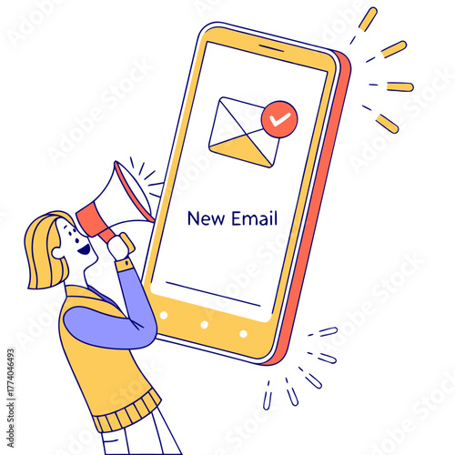 Woman with megaphone announcing new email notification on smartphone device