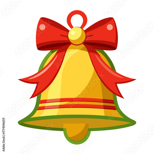 Festive golden bell with red ribbon and green trim, vector illustration