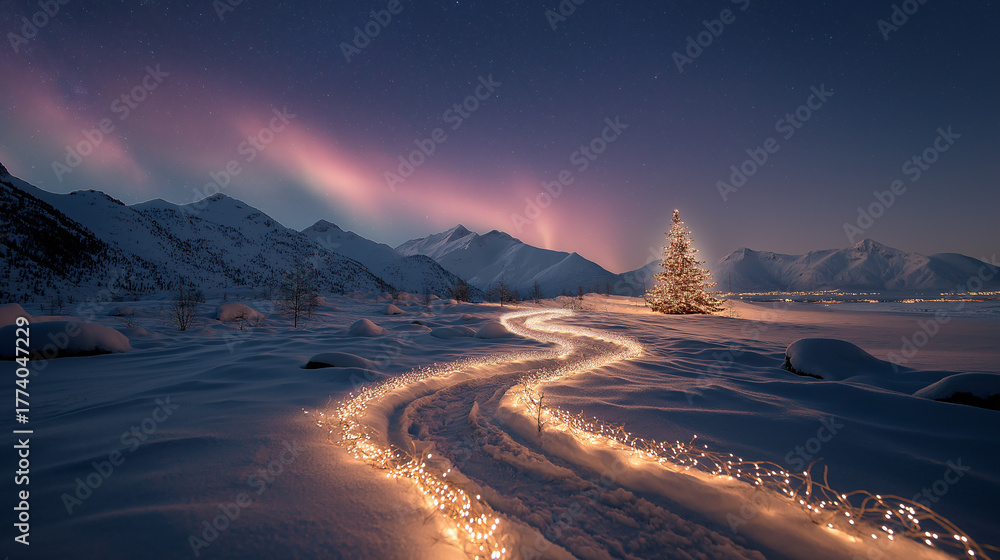 Naklejka premium Golden fairy lights snake through a serene, snowy landscape under a starlit sky, illuminating a peaceful winter night. The scene evokes a cozy, festive Christmas spirit, inviting warmth and joy