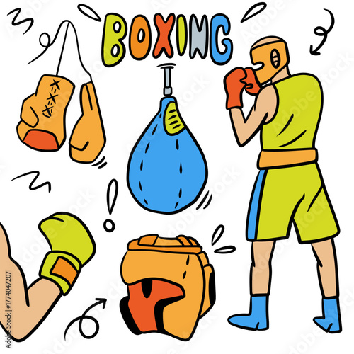 Boxing Gym Doodle Set — Hand Drawn Fitness, Training, and Sports Equipment Icons