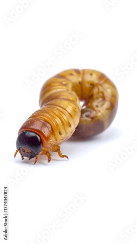 A grub a plump, pale brown larva with dark head, isolated against a white background