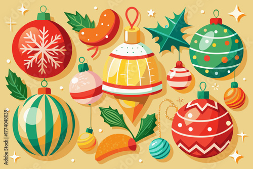 Festive christmas baubles and holly leaves pattern, vector illustration