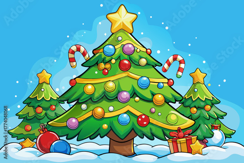 Festive christmas trees adorned with ornaments and candy canes under snow