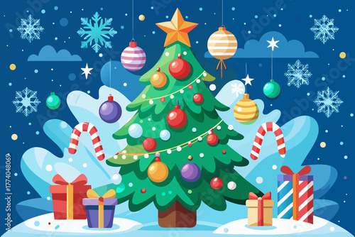 Festive christmas tree with ornaments, gifts, snowflakes, and candy canes