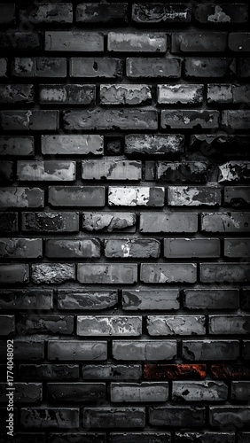 A grungy black and gray brick wall, partially decayed, with one row of orange bricks