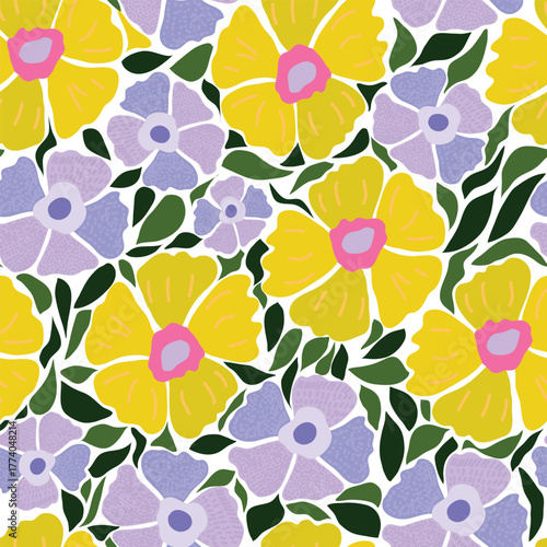 bright yellow and calm purple textured flowers with dull and vibrant green leaves seamless pattern. Dull, gloomy, textured flowers with green leaves seamless pattern. Good for textile, fabric.