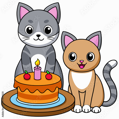 A vector scene of a cat sitting proudly on a table with a cake while a kitten below admires it on white background