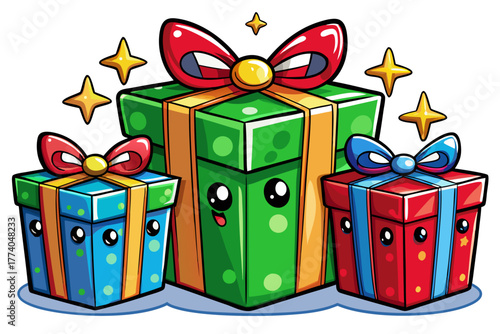 Charming kawaii gift boxes with happy faces and sparkling stars celebrate party