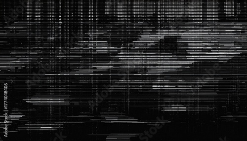 a dark background of vhs overlay effect black and white glitch pixels distort the television screen signal interference creates a chaotic digital texture