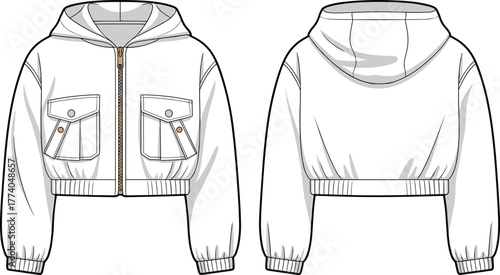Cropped hoodie, front zipper fashion, technical flat sketch, apparel design, long sleeve, drawstring hood, flap pockets, ribbed hem, stylish clothing illustration