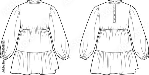 Girls long sleeve dress flat sketch, high neckline ruffle trim fashion illustration, puff sleeve apparel design, sewing pattern, garment construction vector template
