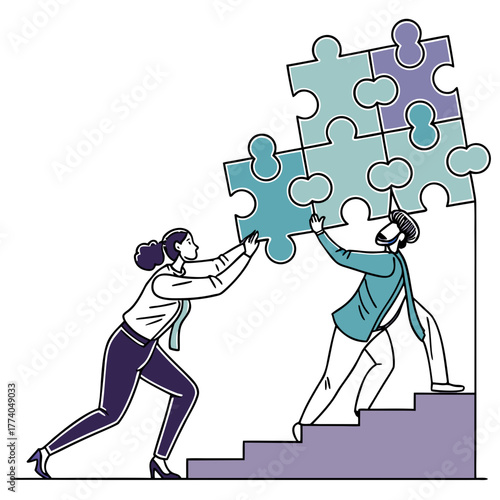 Business team solving puzzle on stairs