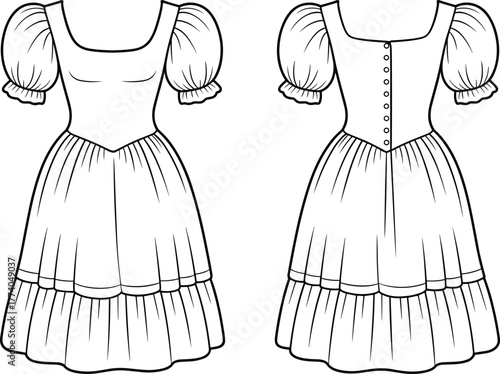 Girls puff sleeve tiered dress flat sketch, scoop neckline fashion illustration, button back bodice apparel design, sewing pattern garment construction template