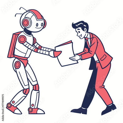 Robot handing over a document to a man
